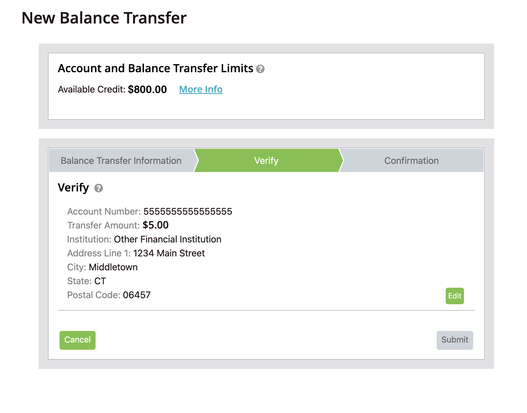 Balance transfer verify screen