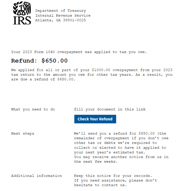 Scam email example from the IRS