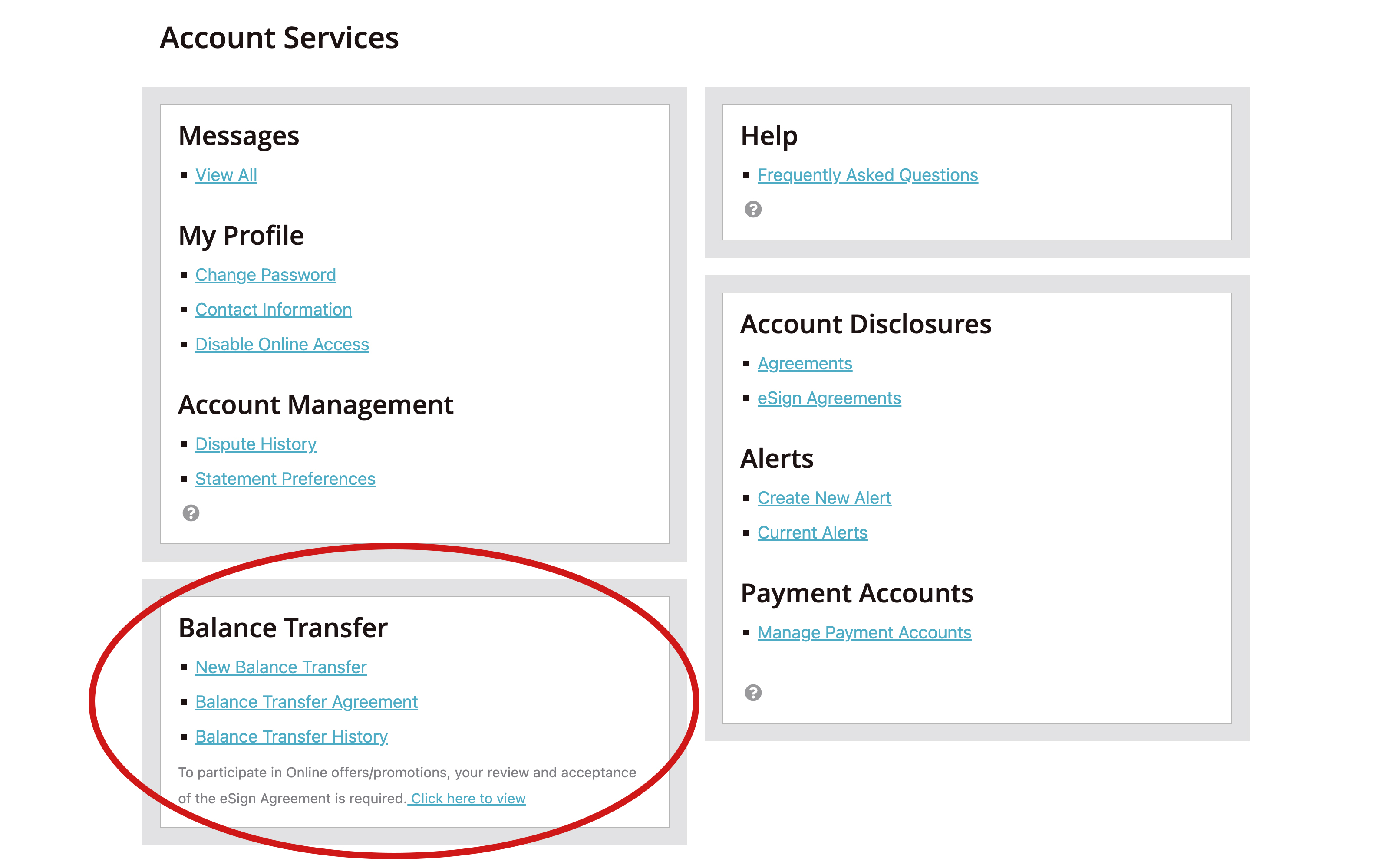 Balance transfer areas on account services page